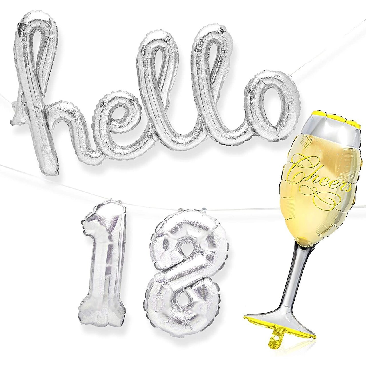 4 Pcs Silver 18th Birthday Balloons with Champagne Glass Foil Balloon for Party Decorations, Hello 18